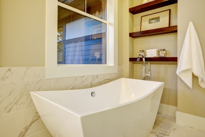 Sophisticated bathroom nook with freestanding tub