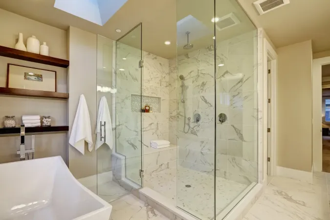 Amazing master bathroom with large glass walk-in shower