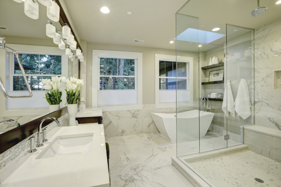 Amazing master bathroom with large glass walk-in shower